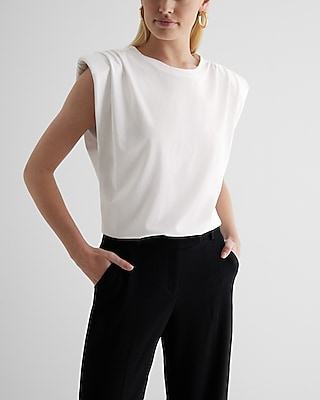 Crew Neck Padded Shoulder Muscle Tee White Women's L