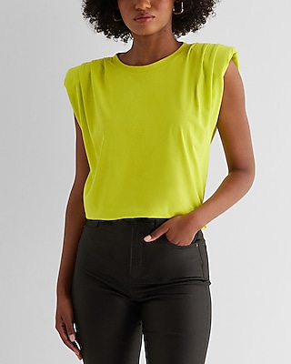 Crew Neck Padded Shoulder Muscle Tee Green Women's XS