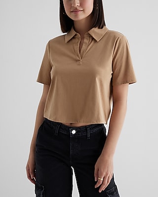Skimming V-Neck Short Sleeve Polo Top Brown Women's XL