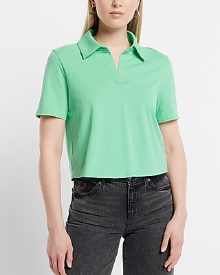 Skimming V-Neck Short Sleeve Polo Top Green Women's S