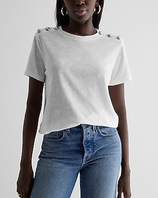 Skimming Novelty Button Crew Neck Tee White Women's S