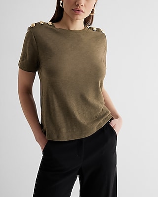 Skimming Novelty Button Crew Neck Tee Green Women's M