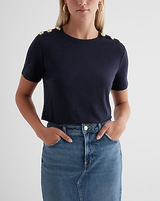 Skimming Novelty Button Crew Neck Tee Blue Women's S
