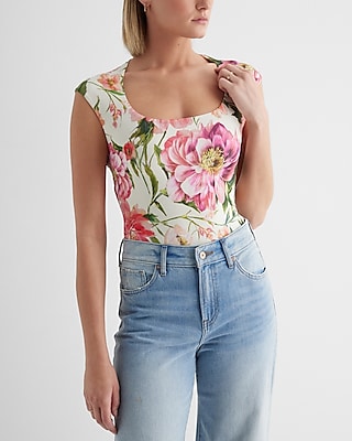 Bodycon Compression Floral Scoop Neck Cap Sleeve Bodysuit