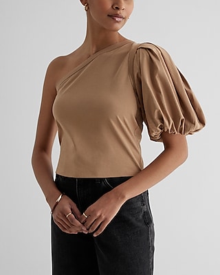 Skimming One Shoulder Puff Sleeve Tee Brown Women's XS