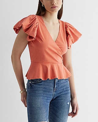 V-Neck Flutter Sleeve Wrap Peplum Top Orange Women's XS
