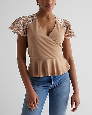 Embroidered Eyelet Flutter Sleeve Peplum Top