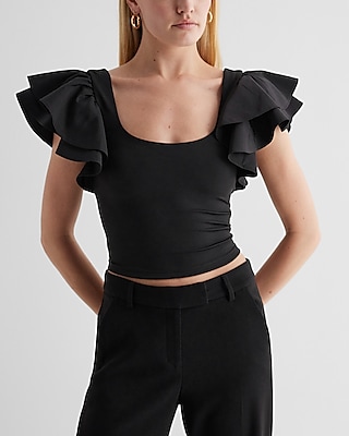 Bodycon High Compression Flutter Sleeve Tee Black Women's S