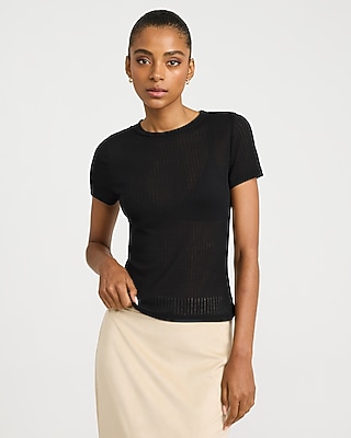 Sheer Ribbed Crew Neck Short Sleeve Tee