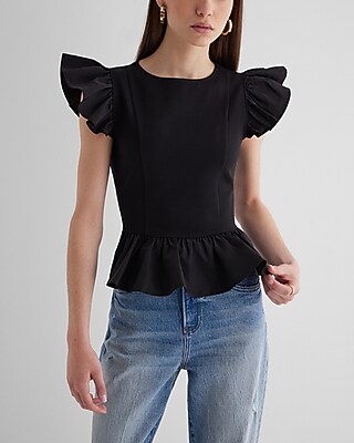 Skimming Ponte Flutter Sleeve Peplum Top