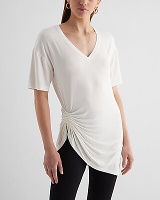Supersoft Relaxed V-Neck Short Sleeve Pleated Asymmetrical Tee White Women's S