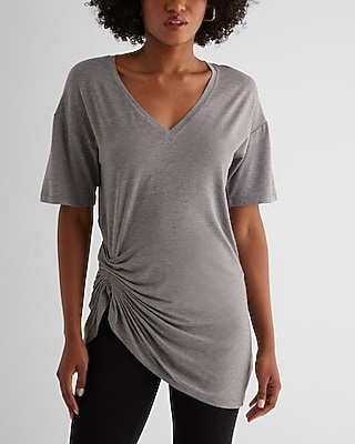 Supersoft Relaxed V-Neck Short Sleeve Pleated Asymmetrical Tee