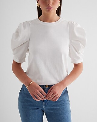 Skimming Crew Neck Poplin Ruched Puff Sleeve Tee White Women's S