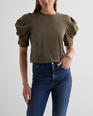 Skimming Crew Neck Poplin Ruched Puff Sleeve Tee