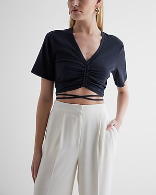 V-Neck Ruched Strappy Tie Crop Top Blue Women's XS