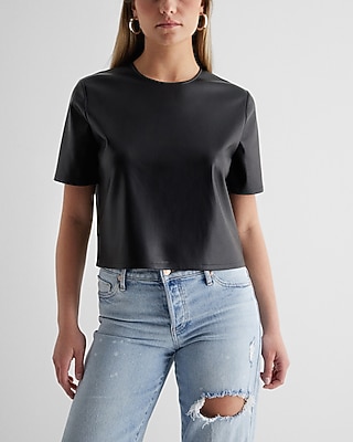Skimming Faux Leather Crew Neck Boxy Tee Black Women's S