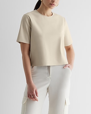 Skimming Faux Leather Crew Neck Boxy Tee