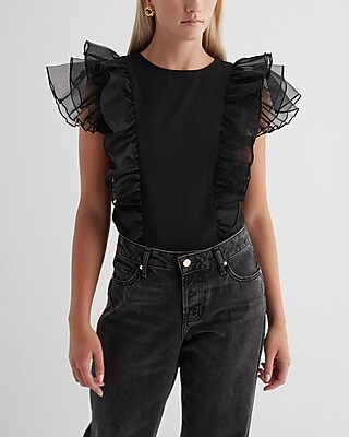 Skimming Crew Neck Tulle Flutter Sleeve Tee