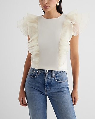 Skimming Crew Neck Tulle Flutter Sleeve Tee White Women's L