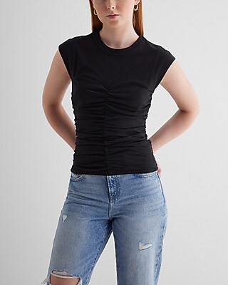 Skimming Crew Neck Ruched Tee Black Women's XS