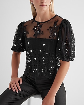 Skimming Lace Embellished Rhinestone Puff Sleeve Boxy Tee