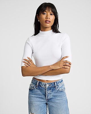 Ribbed Mock Neck Elbow Sleeve Tee