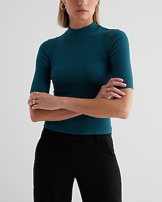 Ribbed Mock Neck Elbow Sleeve Tee Green Women's L