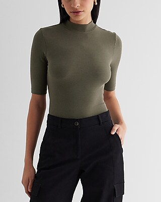 Ribbed Mock Neck Elbow Sleeve Tee Green Women's XL