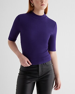 Ribbed Mock Neck Elbow Sleeve Tee Purple Women's M