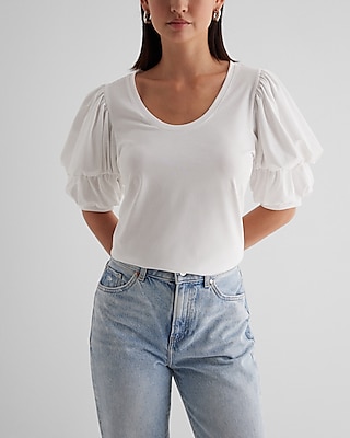 Skimming Scoop Neck Puff Sleeve Tee White Women's M
