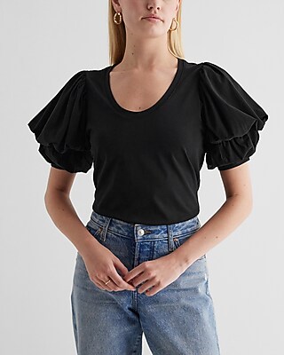 Skimming Scoop Neck Puff Sleeve Tee Black Women's M
