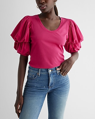 Skimming Scoop Neck Puff Sleeve Tee Pink Women's XS