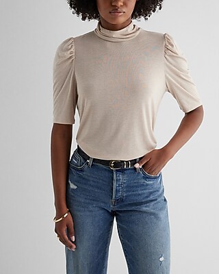 Skimming Linen-Blend Mock Neck Puff Sleeve Tee