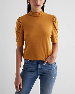 Skimming Linen-Blend Mock Neck Puff Sleeve Tee Yellow Women's XS