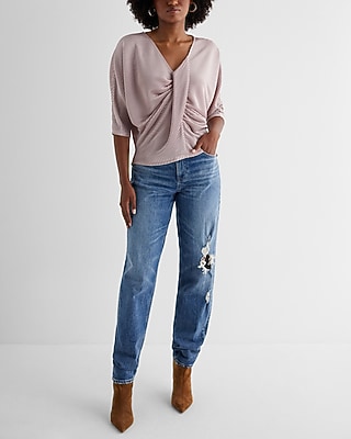 Skimming V-Neck Pleated Twist Front Draped Tee Red Women's XS