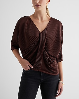 Skimming V-Neck Pleated Twist Front Draped Tee Brown Women's XS