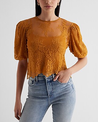 Skimming Lace Puff Sleeve Boxy Tee Yellow Women's XS