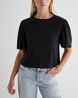 Skimming Crew Neck Puff Sleeve Boxy Tee Black Women's L