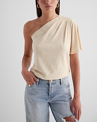 Skimming Pleated One Shoulder Tee Neutral Women's XS