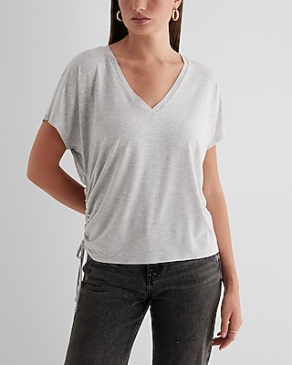 Supersoft Relaxed V-Neck Ruched Side Tie London Tee Gray Women's XS