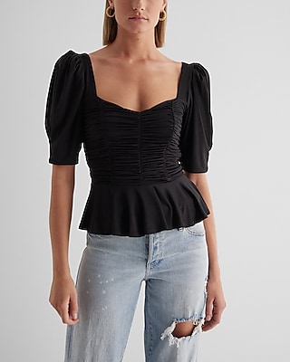 Puff Sleeve Ruched Peplum Top Black Women's XS
