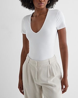 Body Contour Compression V-Neck Short Sleeve Bodysuit White Women's S