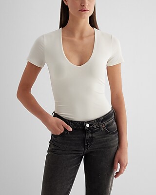 Bodycon Compression V-Neck Short Sleeve Bodysuit White Women's XL