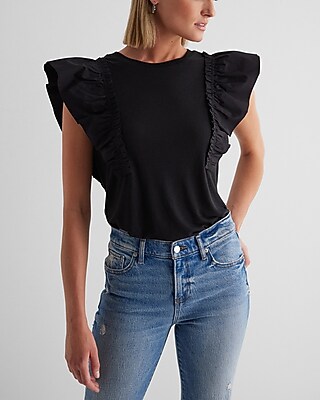 Skimming Linen-Blend Crew Neck Flutter Sleeve Tee Black Women's XS