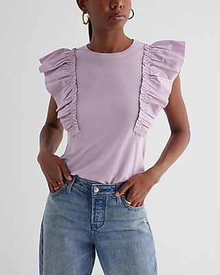 Skimming Linen-Blend Crew Neck Flutter Sleeve Tee Purple Women's XS