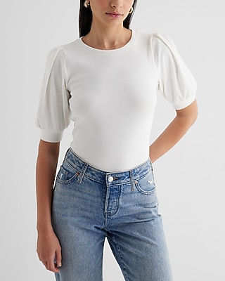 Fitted Ribbed Crew Neck Puff Sleeve Tee White Women's XL