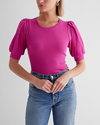 Fitted Ribbed Crew Neck Puff Sleeve Tee Pink Women's S
