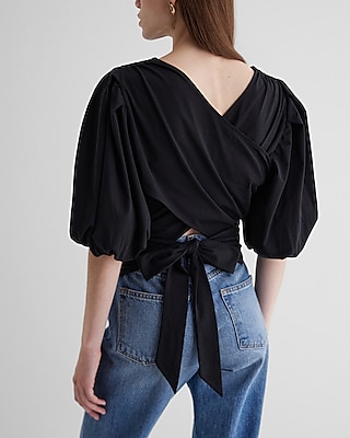 Crew Neck Puff Sleeve Tie Back Tee Black Women's S