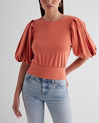 Crew Neck Puff Sleeve Tie Back Tee Orange Women's XS