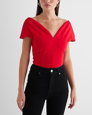 Fitted Ponte Sweetheart Neckline Off The Shoulder Bodysuit Red Women's S